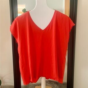 EILEEN FISHER Orangey Red Cotton V-Neck T-Shirt